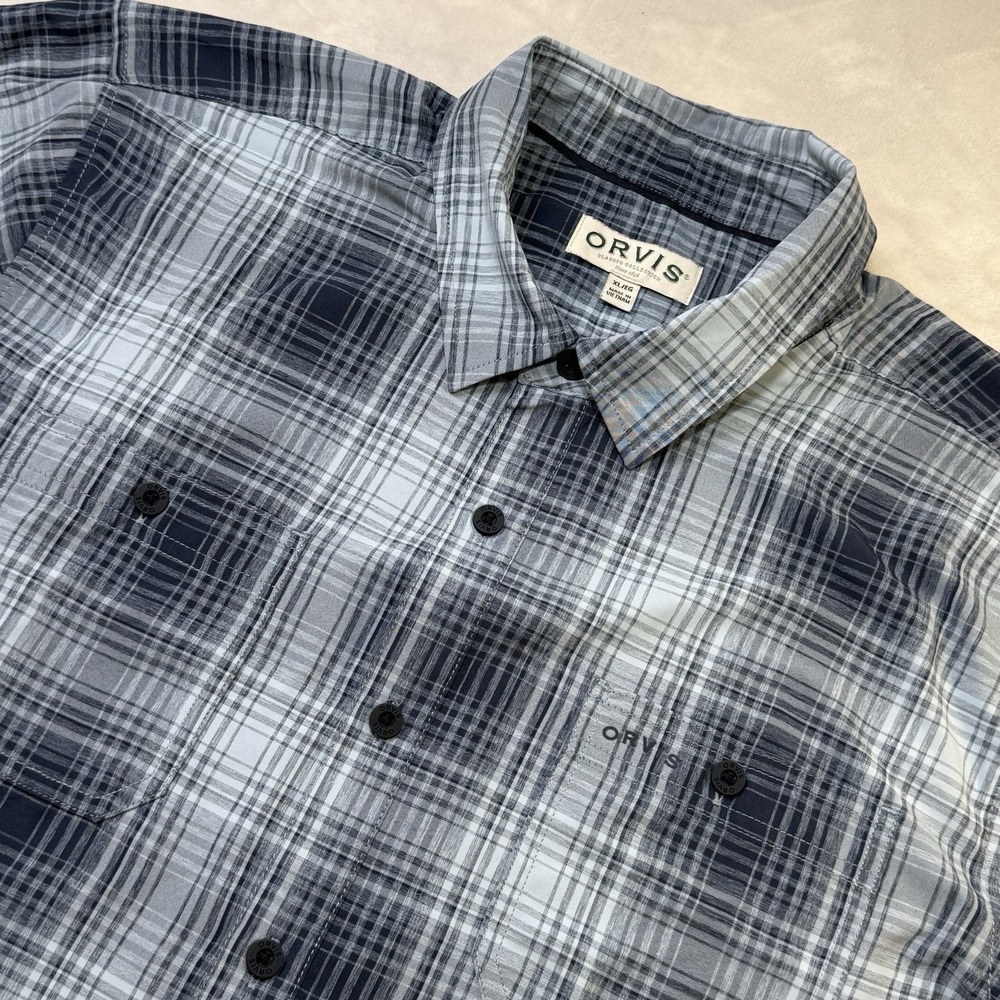 Orvis Performance‎ Tech Short Sleeve Button Down Mens XL Blue Plaid Hiking Fish